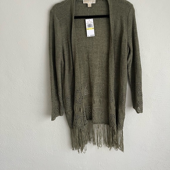 Michael Kors Army Green Knit Fringe Trim Open Cardigan, Size M - Picture 7 of 10
